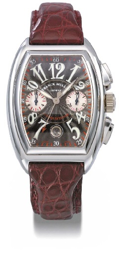 Franck Muller. A fine and unique large platinum self-winding tonneau-shaped curved chronograph wristwatch with date and special dial