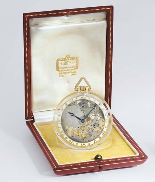 Cartier. A fine and rare 18K gold, enamel and rock crystal skeletonized keyless lever dress watch with box