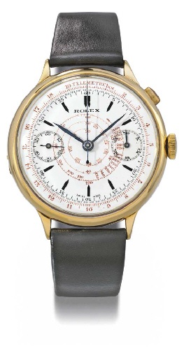 Rolex. A fine and early 18K gold hinged single button chronograph wristwatch with enamel dial
