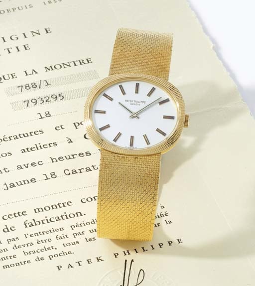 Patek Philippe. An 18K gold oblong wristwatch with bracelet