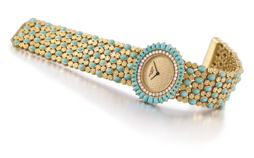 Patek Philippe. A rare and unusual 18K gold, diamond and turquoise-set bracelet watch