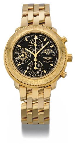 Breitling. A fine and heavy 18K gold self-winding waterproof perpetual calendar chronograph wristwatch with phases of the moon and bracelet