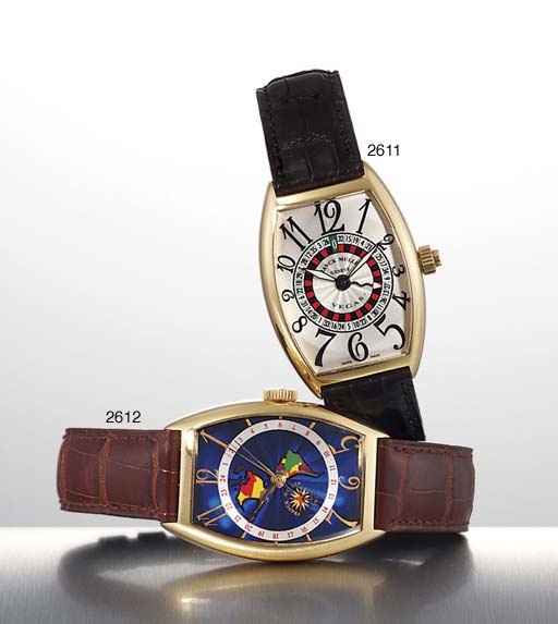FRANCK MULLER. AN 18K GOLD TONNEAU-SHAPED AUTOMATIC DUAL TIME WRISTWATCH WITH SWEEP CENTRE SECONDS