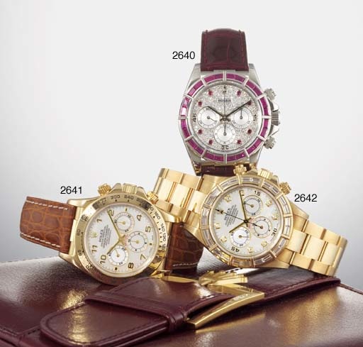 ROLEX. AN 18K GOLD AND DIAMOND-SET AUTOMATIC CHRONOGRAPH WRISTWATCH WITH BRACELET AND MOTHER-OF-PEARL DIAL