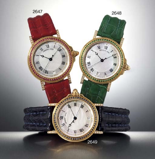 BREGUET. A FINE 18K GOLD, DIAMOND AND EMERALD-SET AUTOMATIC WRISTWATCH WITH SWEEP CENTRE SECONDS, DATE AND MOTHER-OF-PEARL DIAL