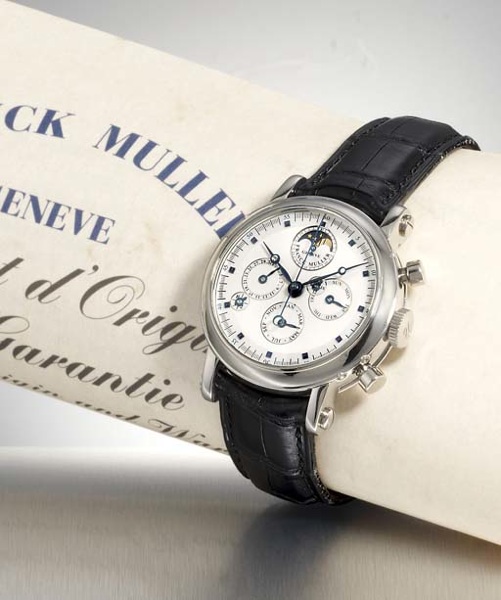 FRANCK MULLER. AN 18K WHITE GOLD AUTOMATIC PERPETUAL CALENDAR CHRONOGRAPH WRISTWATCH WITH PHASES OF THE MOON