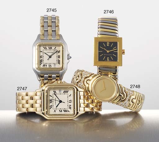 BULGARI. A LADY'S 18K GOLD AND DIAMOND-SET BANGLE-WATCH