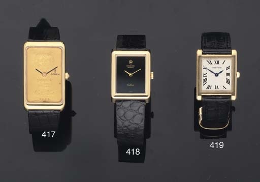 Rolex. An 18ct Gold Rectangular Wristwatch with Black Dial