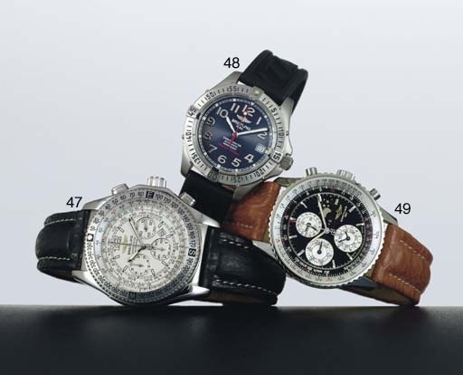 BREITLING. A LIMITED EDITION STAINLESS STEEL AUTOMATIC TRIPLE CALENDAR CHRONOGRAPH WRISTWATCH WITH MOON PHASES