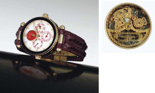 GERALD GENTA. A FINE AND RARE 18K GOLD AND AGATE AUTOMATIC MINUTE REPEATING TOURBILLON PERPETUAL CALENDAR WRISTWATCH WITH PHASES OF THE MOON