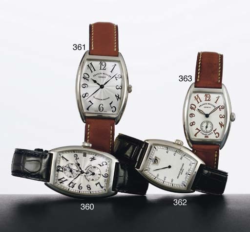 FRANCK MULLER. AN 18K WHITE GOLD TONNEAU JUMP HOUR WRISTWATCH