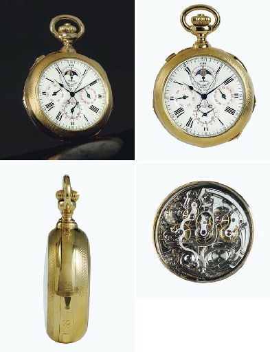 PATEK PHILIPPE. A VERY RARE AND IMPRESSIVE 18K GOLD MINUTE REPEATING PERPETUAL CALENDAR SPLIT SECOND CHRONOGRAPH CLOCKWATCH WITH GRANDE AND PETITE SONNERIE AND PHASES OF THE MOON
