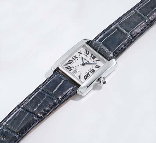 Cartier. A fine 18K white gold square self-winding wristwatch with sweep centre seconds and date