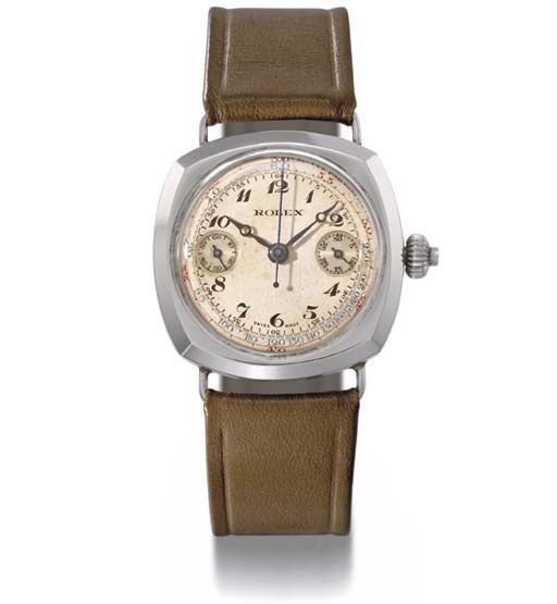 Rolex. A fine and rare stainless steel cushion-shaped single button chronograph wristwatch