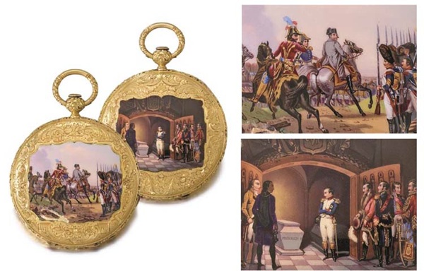 Sandol. A fine and unusual 18K gold hunter case lever watch with enamel miniatures depicting Napoleon
