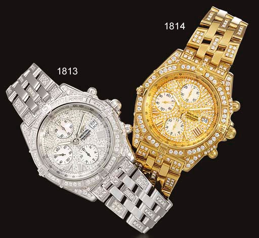 BREITLING. A VERY RARE LIMITED EDITION 18K GOLD AND DIAMOND-SET AUTOMATIC CHRONOGRAPH WRISTWATCH WITH DATE AND BRACELET
