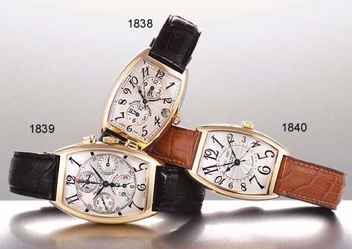 FRANCK MULLER. A FINE 18K GOLD TONNEAU-SHAPED AUTOMATIC TRIPLE TIME CHRONOGRAPH WRISTWATCH WITH DATE