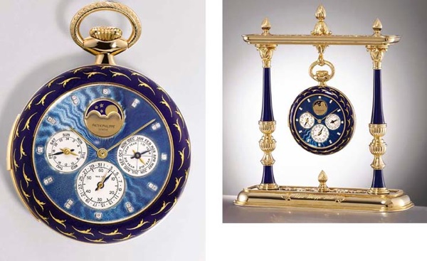 PATEK PHILIPPE. A MAGNIFICENT AND UNIQUE 18K GOLD, ENAMEL AND DIAMOND-SET OPENFACE MINUTE REPEATING PERPETUAL CALENDAR KEYLESS LEVER WATCH WITH PHASES OF THE MOON WITH MATCHING 18K GOLD AND ENAMEL STAND