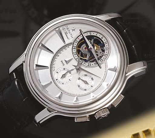 ZENITH. A FINE LIMITED EDITION OVERSIZED 18K WHITE GOLD AUTOMATIC TOURBILLON CHRONOGRAPH WRISTWATCH WITH DATE