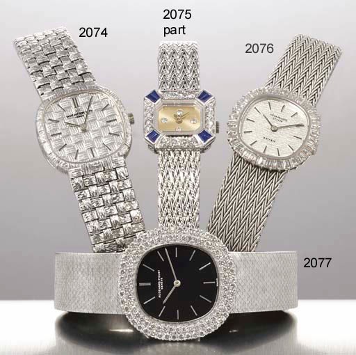 PATEK PHILIPPE. A LADY'S 18K WHITE GOLD AND DIAMOND-SET CUSHION-SHAPED WRISTWATCH WITH BRACELET
