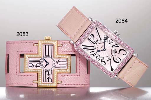 FRANCK MULLER. A LADY'S OVERSIZED 18K WHITE GOLD AND PINK SAPPHIRE-SET RECTANGULAR AUTOMATIC WRISTWATCH
