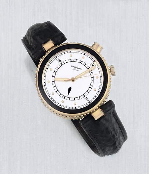 Gerald Genta. An 18ct Gold Water Resistant Centre Seconds and Alarm Wristwatch with Mother of Pearl dial and date