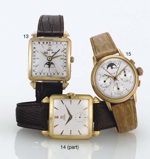 OMEGA. A GROUP OF TWO 18K GOLD SQUARE AUTOMATIC WRISTWATCHES
