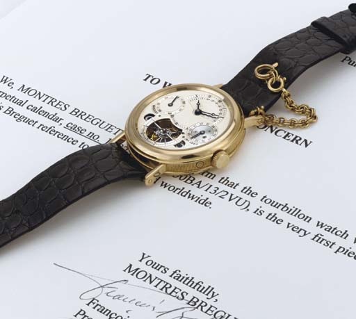 Breguet. A Fine and Rare Prototype 18k Gold Perpetual Calendar One-Minute Tourbillon Wristwatch with Retrograde Date