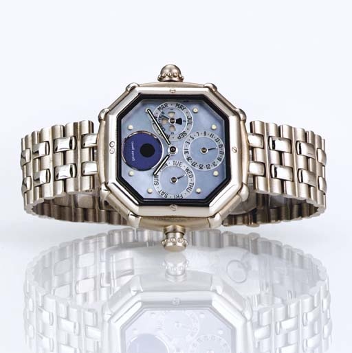 Gerald Genta. A Fine 18K White Gold and Mother-of-Pearl Octagonal Automatic Minute Repeating Perpetual Calendar Bracelet Watch with Moon Phases