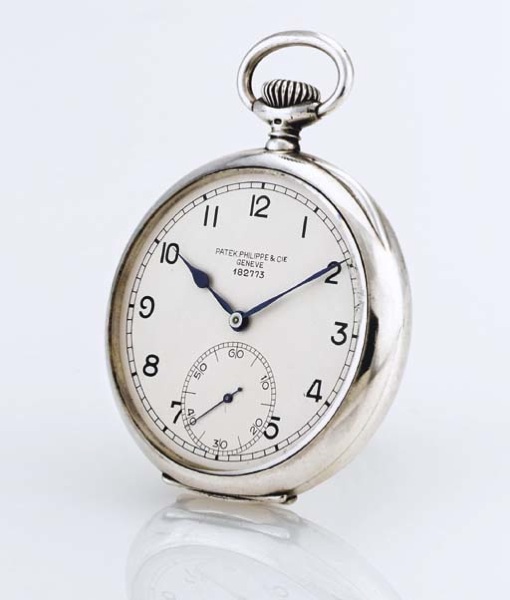 PATEK PHILIPPE. A FINE AND RARE SILVER OPENFACE KEYLESS LEVER DECK WATCH WITH GUILLAUME BALANCE