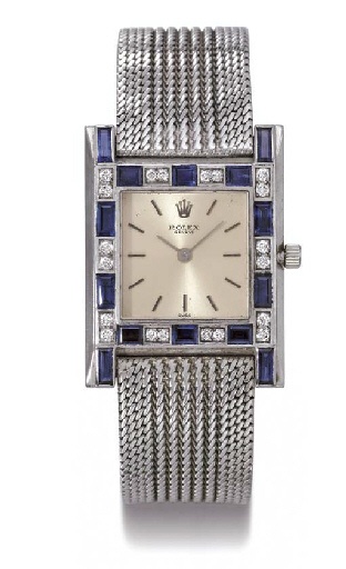 Rolex. A fine and unusual 18K white gold, diamond and sapphire-set square wristwatch with bracelet