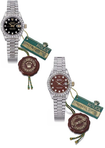 Rolex. A lot of two ladies 18K white gold and diamond-set self-winding water-resistant wristwatches with sweep centre seconds, date and bracelet