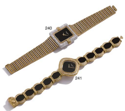 Patek Philippe. A fine 18K gold, black onyx and diamond-set rectangular wristwatch with bracelet