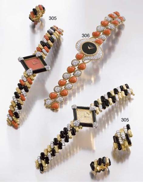 Patek Philippe. A rare and unusual ladies 18K gold, black onyx, coral and diamond-set bracelet watch