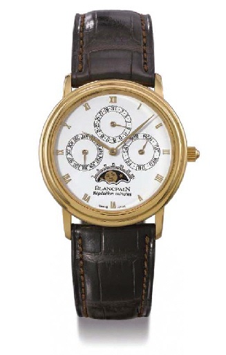 Blancpain. A fine 18K gold self-winding minute repeating perpetual calendar wristwatch with phases of the moon