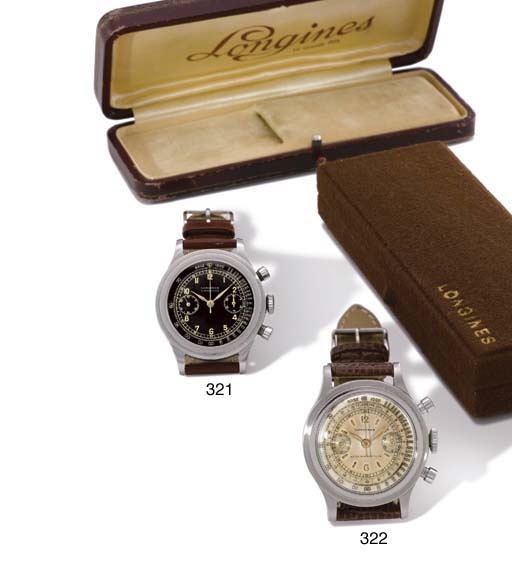 Longines. A very fine and rare stainless steel water-resistant chronograph wristwatch with black dial and original box