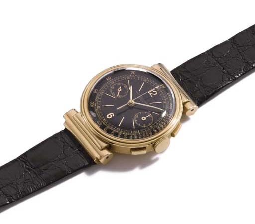 Vacheron Constantin. A fine and rare 18K gold chronograph wristwatch with flexible lugs and black dial