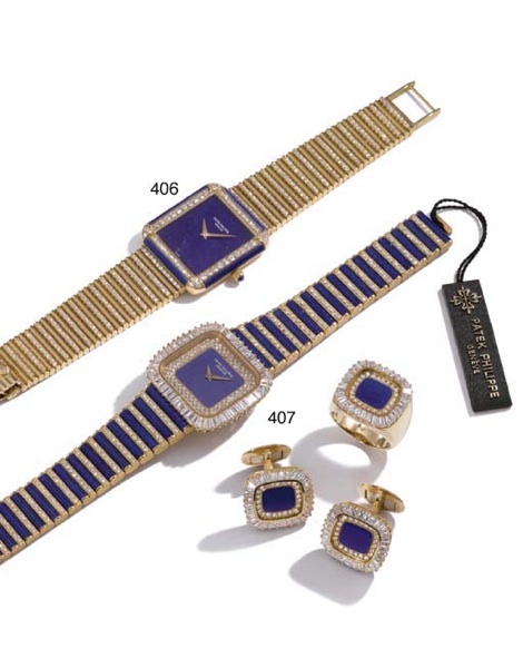 Patek Philippe. A fine 18K gold, lapis lazuli and diamond-set rectangular wristwatch with bracelet