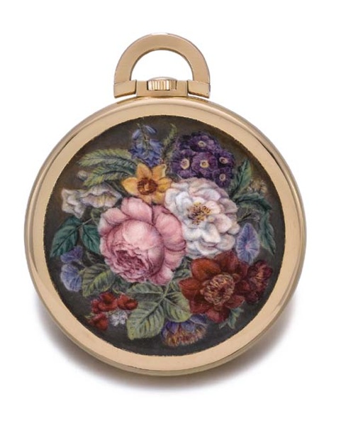 Patek Philippe. An extremely fine, rare and possibly unique 18K pink gold openface keyless lever watch with enamel miniature