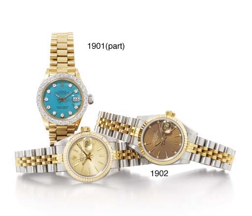 ROLEX. TWO LADY'S 18K GOLD AND LATER DIAMOND-SET AUTOMATIC WRISTWATCHES WITH BRACELET AND A LADY'S 18K WHITE GOLD AND LATER DIAMOND-SET AUTOMATIC WRISTWATCH WITH BRACELET