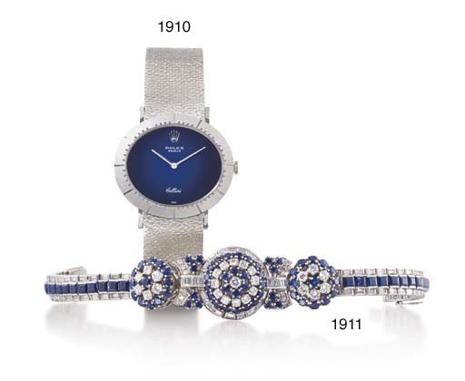 ROLEX. AN 18K WHITE GOLD OVAL WRISTWATCH WITH BRACELET AND TWO LADY'S 18K WHITE GOLD CUSHION-SHAPED WRISTWATCHES WITH BRACELET