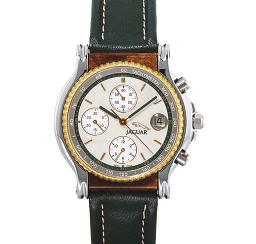 JAGUAR. A STAINLESS STEEL AND GILT AUTOMATIC CHRONOGRAPH WRISTWATCH WITH DATE