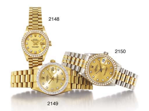 ROLEX. AN 18K THREE-COLOURED GOLD AND DIAMOND-SET AUTOMATIC WRISTWATCH WITH SWEEP CENTRE SECONDS, DATE AND BRACELET