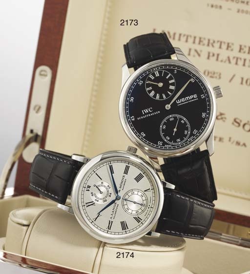IWC. A VERY RARE AND LARGE SPECIAL EDITION PLATINUM WRISTWATCH WITH REGULATOR DIAL
