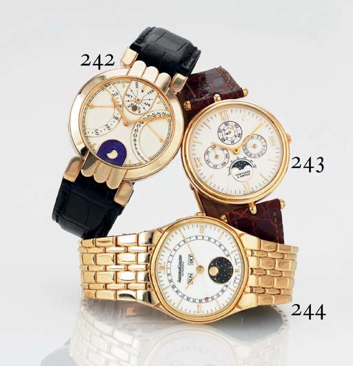 JAEGER-LECOULTRE. AN 18K GOLD OVAL AUTOMATIC TRIPLE CALENDAR WRISTWATCH WITH MOON PHASES