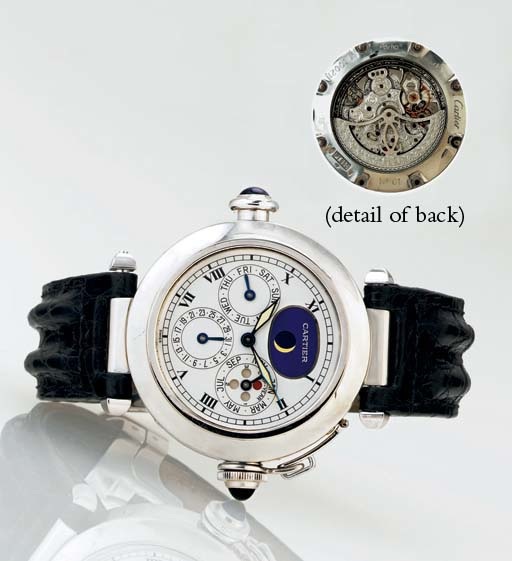 CARTIER. A FINE AND RARE PLATINUM AUTOMATIC MINUTE REPEATING PERPETUAL CALENDAR WRISTWATCH WITH MOON PHASES