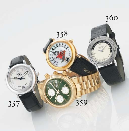 GERALD GENTA. AN UNUSUAL 18K GOLD AND MOTHER-OF-PEARL AUTOMATIC JUMP HOUR WRISTWATCH WITH RETROGRADE MINUTES