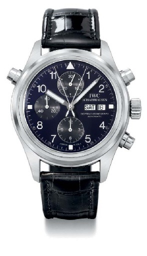 IWC. A fine platinum self-winding water-resistant split seconds pilot's chronograph wristwatch with calendar