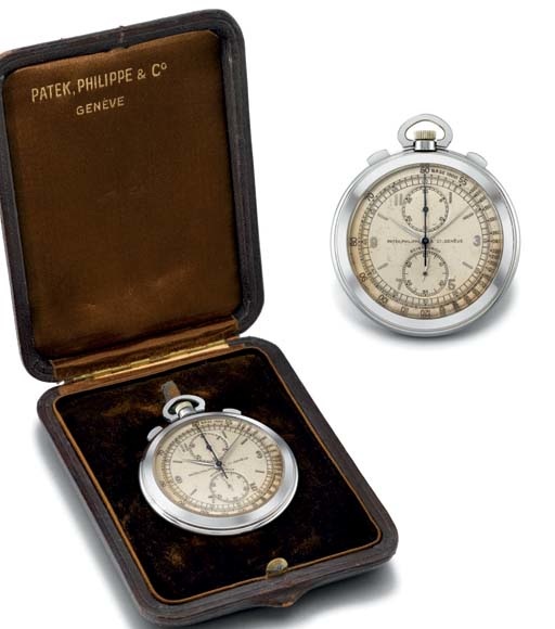 Patek Philippe. An extremely fine and rare stainless steel openface chronograph keyless lever watch with box