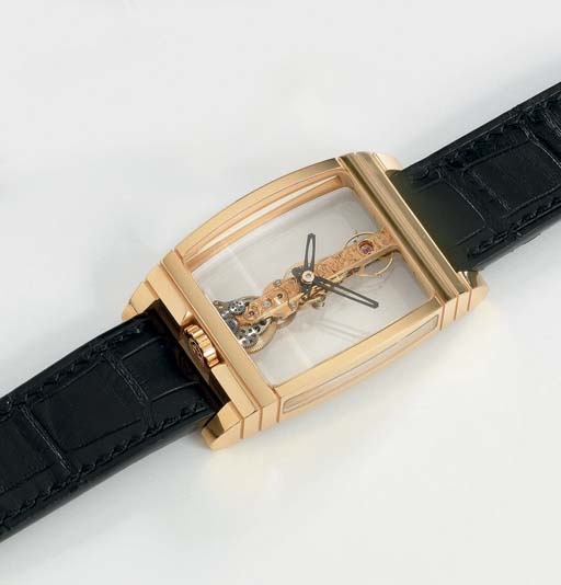 Corum. A fine and large 18K pink gold tonneau-shaped curved skeletonized wristwatch